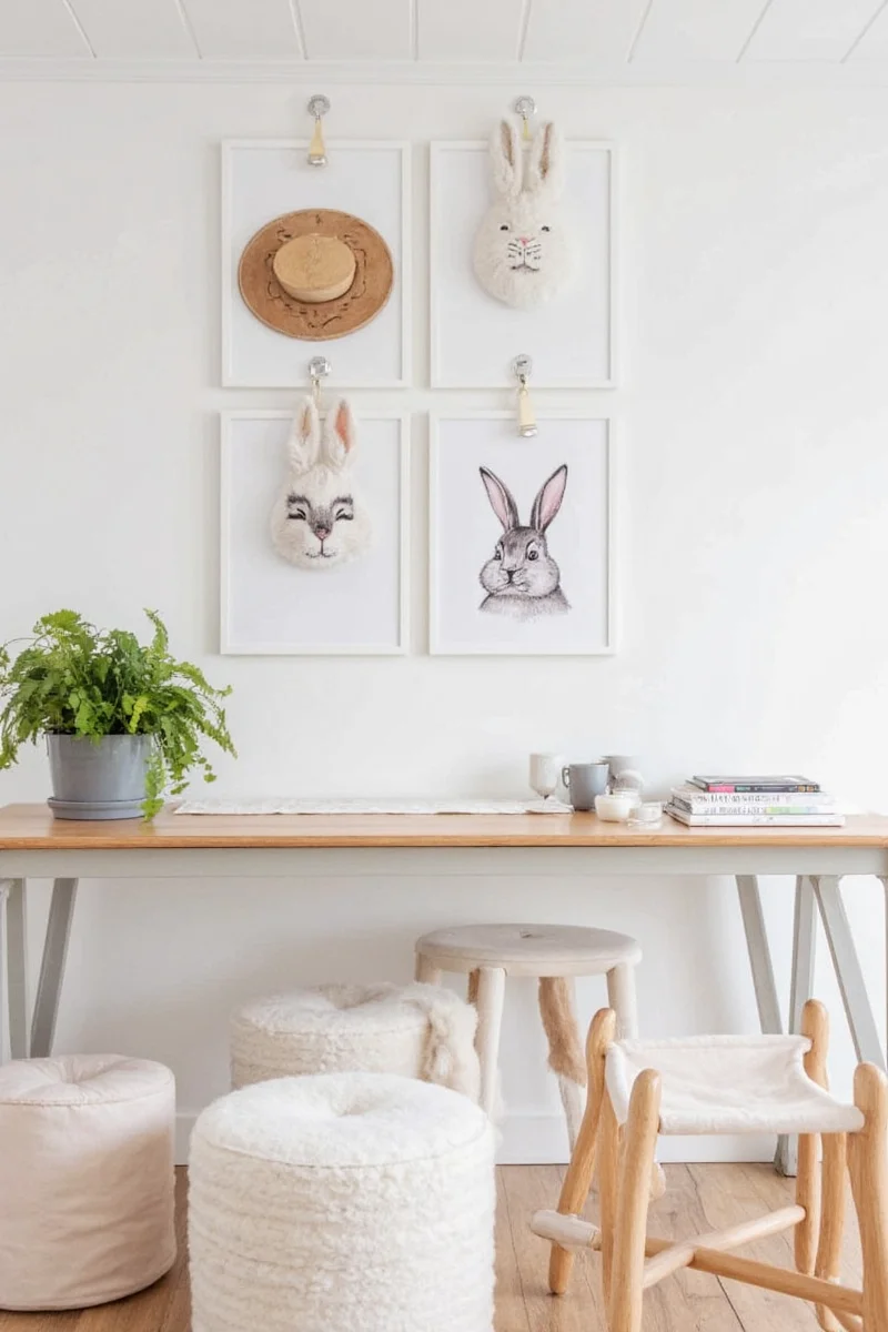 Large round white shaggy rug shaped like a sleeping bunny.