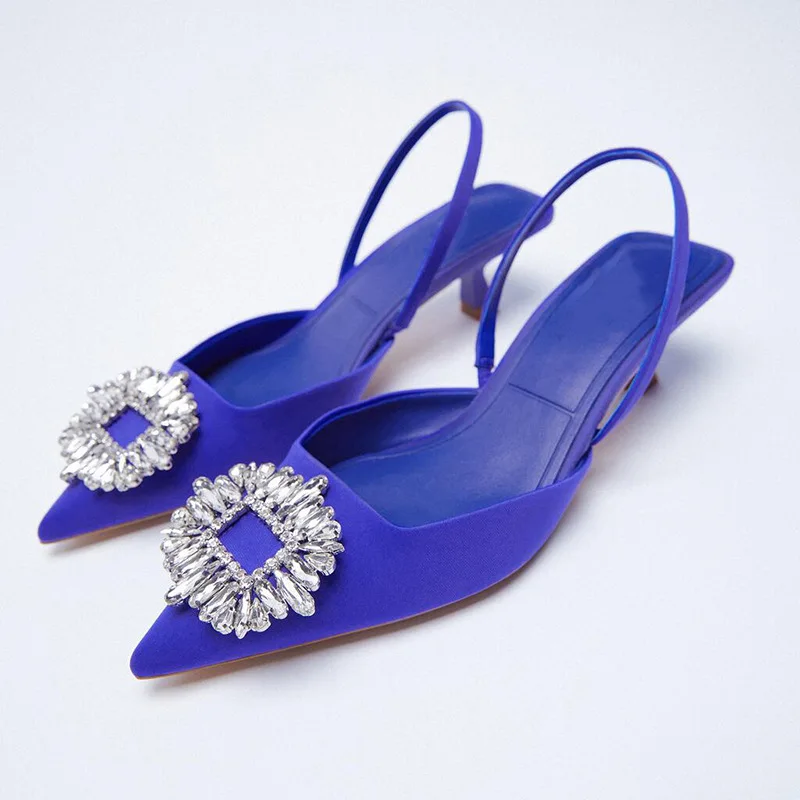 

Fashion Trend Hot Wholesale Women Pumps Blue Sexy Crystal Rhinestone Low Heels Ladies 4 cm Wedding Shoes Thin Heels Sandals