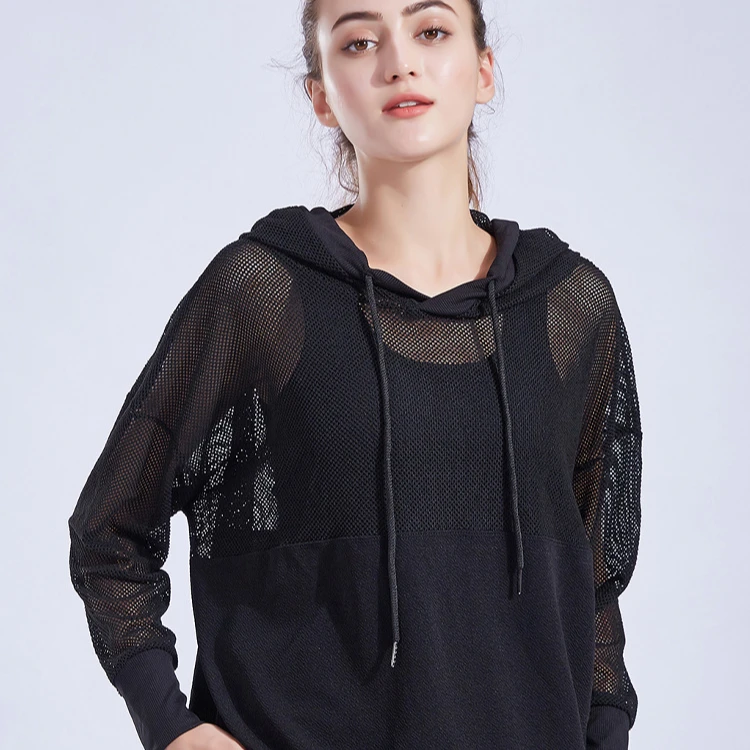 

2021Black or White New Casual Mesh Yoga Hoodie Fitness Sportswear Long Sleeve Shirt for Women Running Hooded Top Sportswear