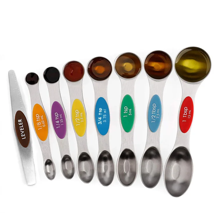 

8pcs Measurement for Dry and Liquid Ingredients Magnetic Stainless Steel Double Head Measuring Spoons Set, Black and color