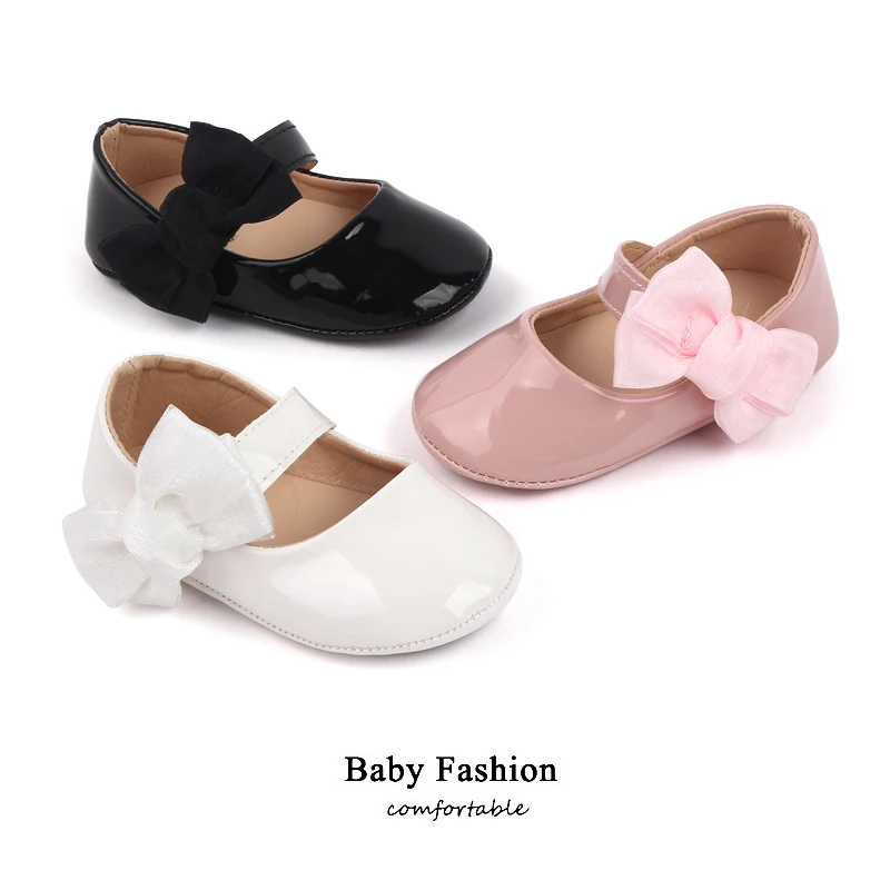 

2022 PU Baby Girl Casual Shoes PU Bow Knot Design Toddler Shoes, White/black/pink