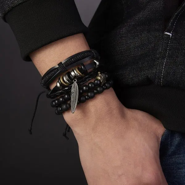 

Best Selling Handmade Custom Man Boyfriend Gift Personalized Back Leather Bar Bracelet Set For Men