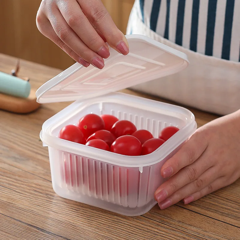 

Household Kitchen Portable Square Plastic Transparent Drain Fresh-keeping Refrigerator Sealed Fresh-keeping Box, White, apricot, gray, transparent