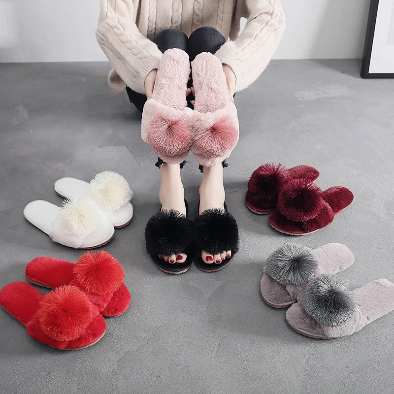 

Fashion Popular Sweet Candy Color Summer Winter Women Fur Fuzzy Slippers Slides Women Open Toe Sandals Flat Shoes, As pictures or customized