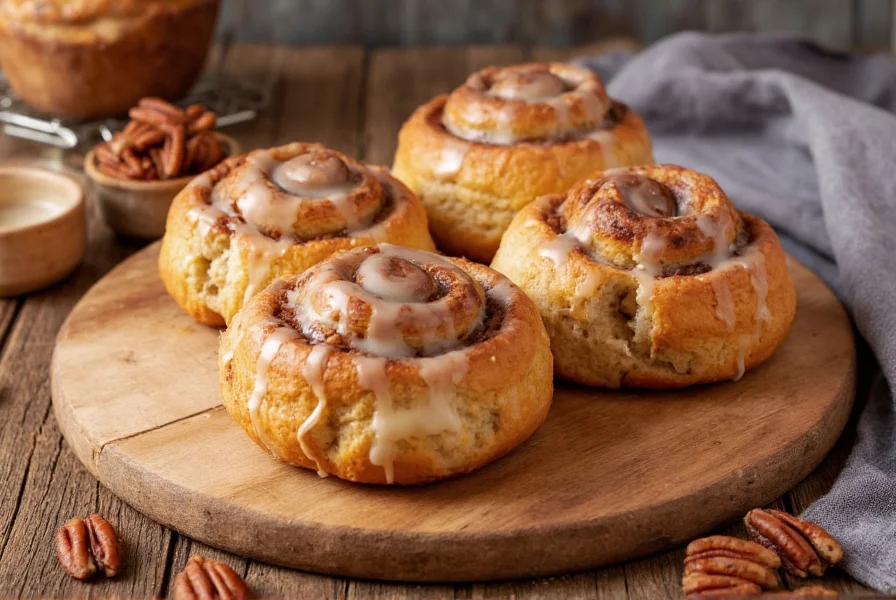 Vegan pecan cinnamon buns with maple glaze on rustic wooden board