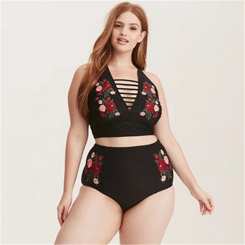 

New Embroider Black Swimsuit Women Plus Size Swimwear