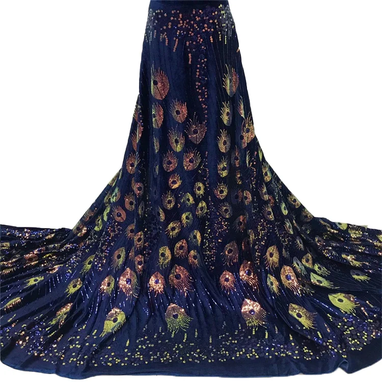 

African Embroidered Velvet Lace Fabrics with Sequins Fabric Nigerian for Women Wedding, Muti-color