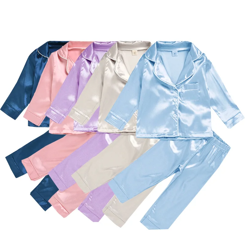 

Hot sale 2pcs baby pajamas set Solid color silk kids pajamas with pants Boys and girls Long Sleeve satin sleepwear set, As pictures