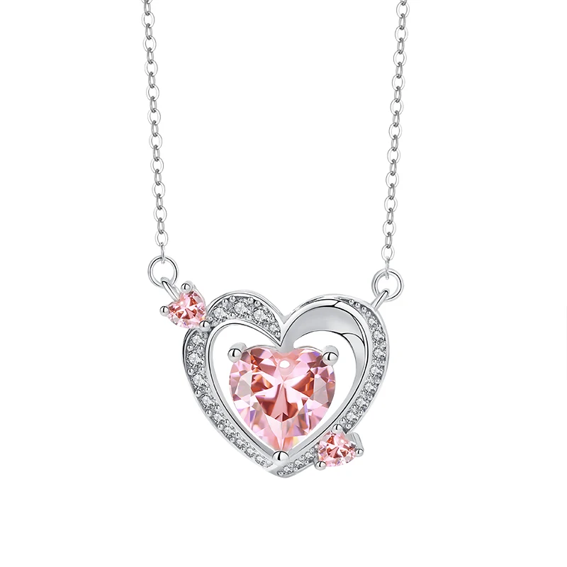 

Romantic Delicate 925 Sterling Silver Claw Setting Gemstone Heart Pink Ice Flower Cut Zircon Charms Necklace
