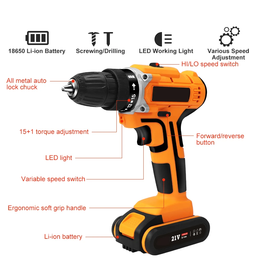 
High Quality 18650 Li-ion 21v Rechargeable Battery Industrial Electric Lightweight Cordless Drill 