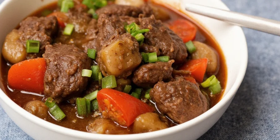 Finished Vietnamese beef stew served with rice