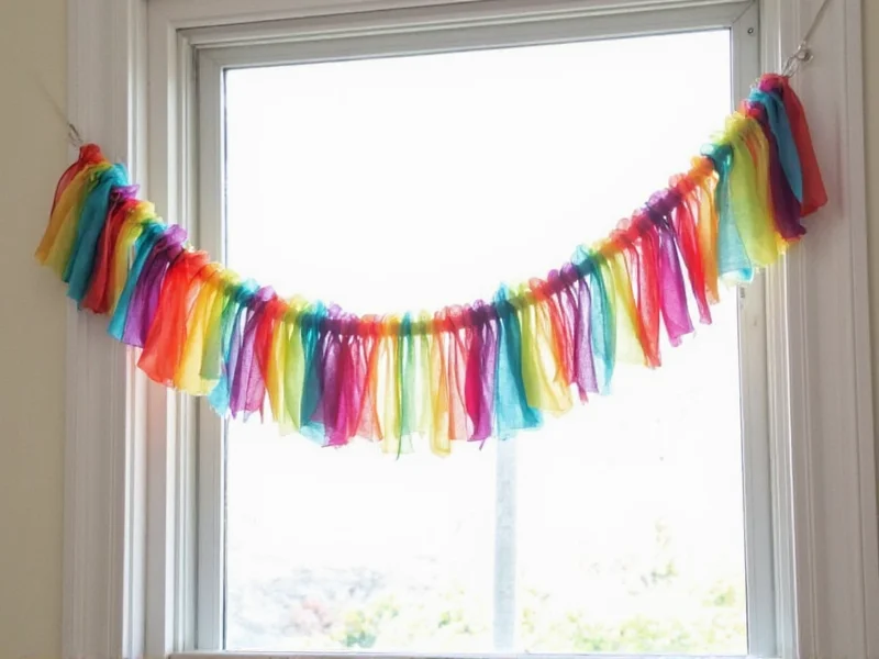 Colorful fabric scrap garland hanging near window with natural light