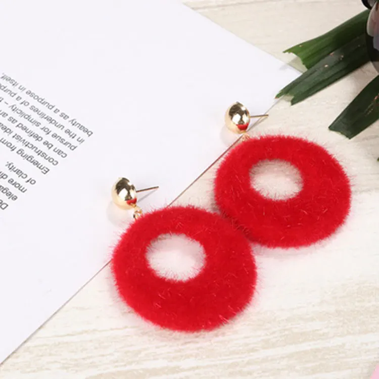 

Creative Double Color Stitching Stud Earrings Handmade Plush Statement Earrings Colorful Big Circle Faux Fur Pom Pom Earrings, Black, dark green, blue, red, beige, gray, wine red