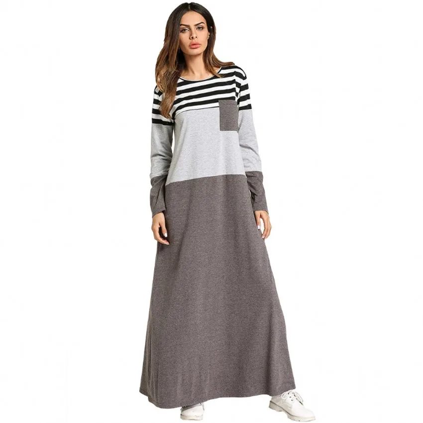 

Stripe Maxi Long Dress T shirt Color Block Tunics Female Abaya Dresses Muslim Women Islamic Clothing YY10156