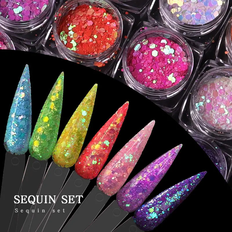 

12pcs/set Flashing Crystal Diamond Sequins Series Multicolor Suit Acrylic Nail Glitter Powder Glitter, 12 colors