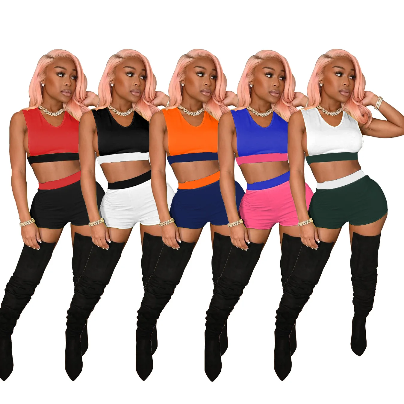 

2021 new European and American women's summer contrast sleeveless shorts two piece set