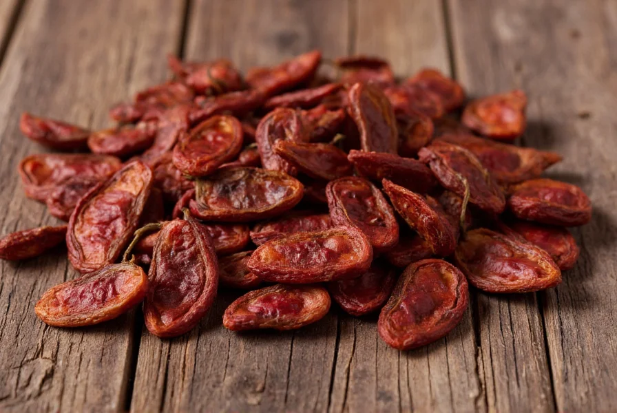 Close-up photograph of dried ancho chili peppers showing their distinctive heart shape, deep reddish-brown color, and leathery texture against a rustic wooden background