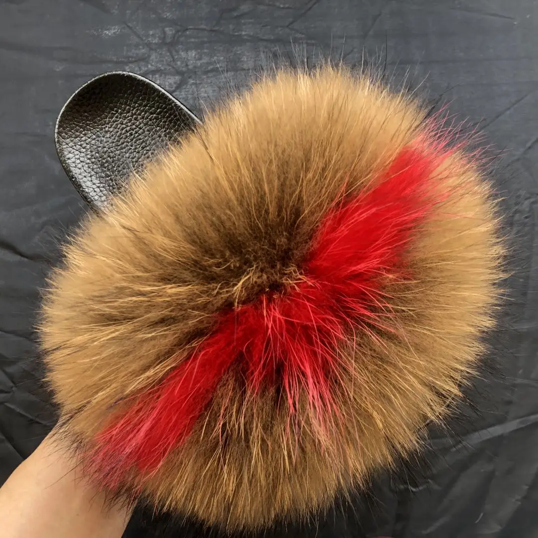 

Quick Shipping Fur Slides 2021 Wholesale Price Real Fur Slippers For Women Flush Soft Outdoor Raccoon Fur Slides, Customized color