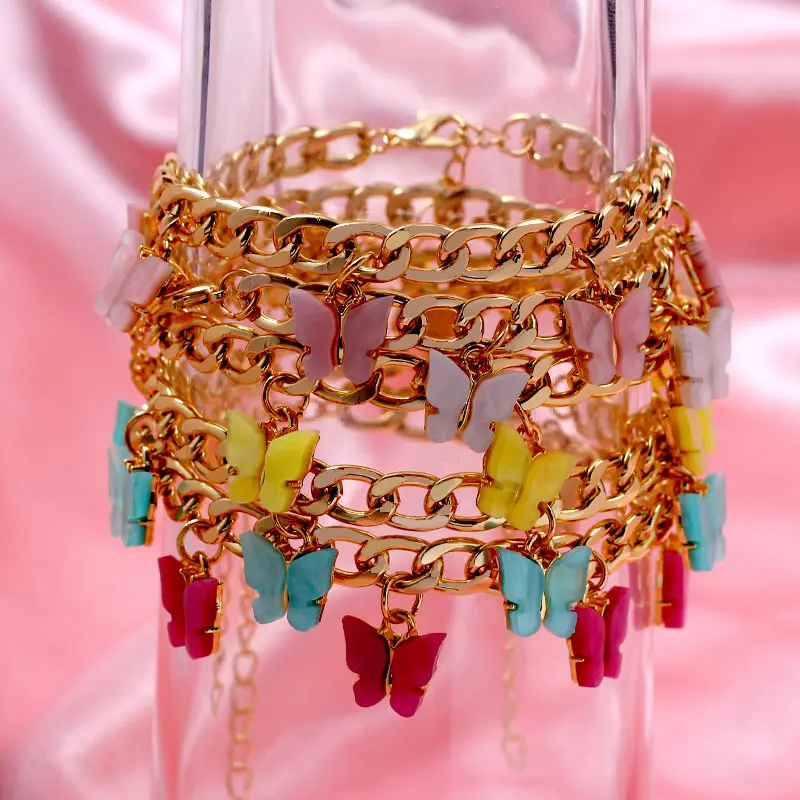 

2020 New Fashion Party Jewelry Gifts Gold Color Chain 16 Colors Insect Bracelet Cute Acrylic Butterfly Bracelets for Women