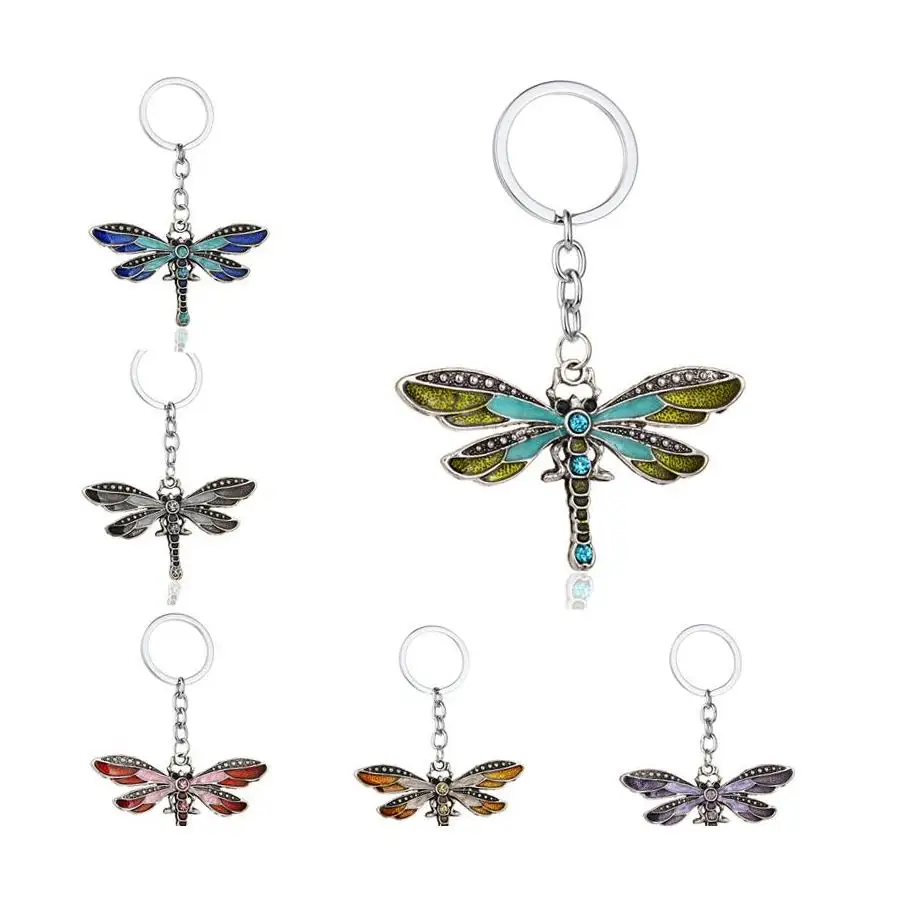 

Crystal Keychains Animal Dragonfly Antique Silver Rhinestone Key Chain Rings Holder Car Jewelry Fashion Pendant Keyrings For Men