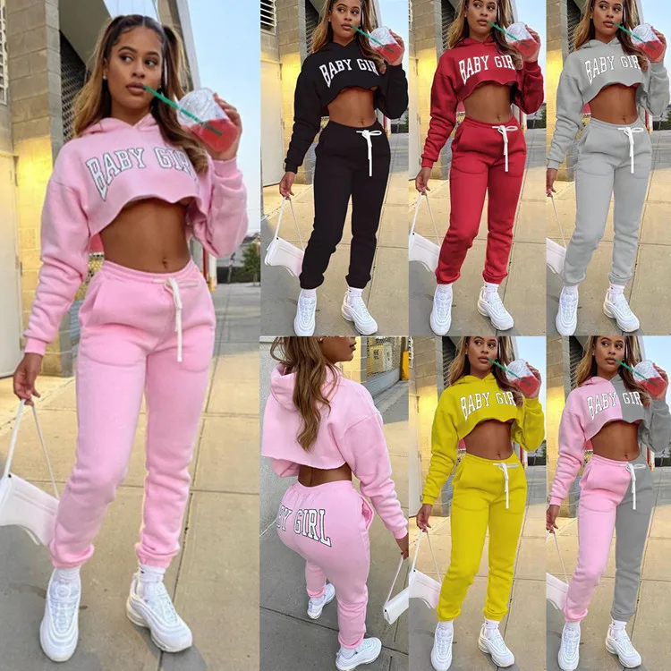 

Manufacturer New Stylish Long Pants Short Crop Plain Color Hoodie Set for Women, Picture color