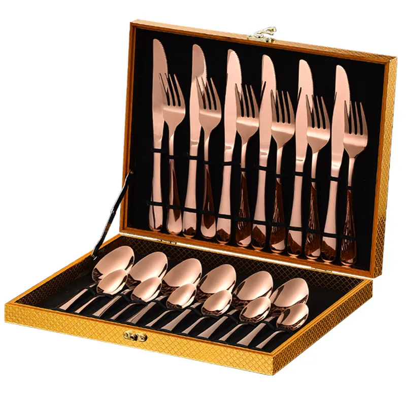 

WXL012 Luxury Golden Silverware Steak Knife Fork Set with Wood Gift Box Dinnerware Utensils 24pcs Stainless Steel Cutlery Set