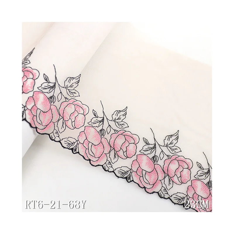 

RTS hot sale 23cm skin mesh pretty pink flower embroidery fabric lace trims
