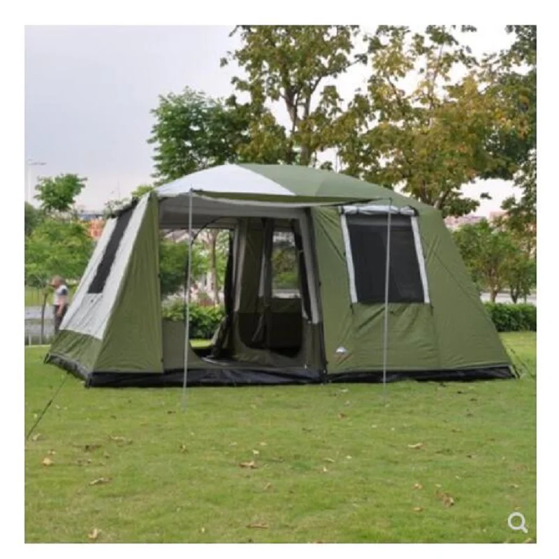 

Factory 460*305*H210cm two bedrooms & one mall large space 6 7 8 persons double layers camping family tent for traveling hiking, Green