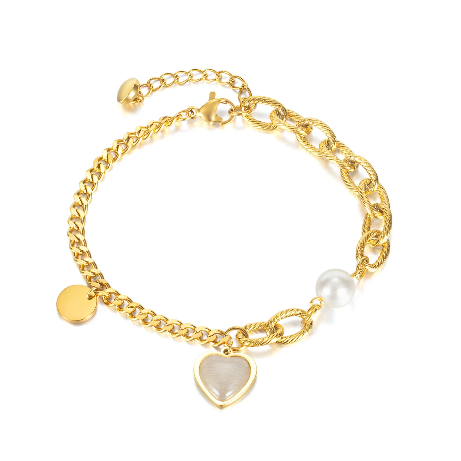 

Stocks Selling Women Stainless Steel Jewelry 18K Gold Plated Chunky Chain Engrave Bracelet Custom Logo Heart Charm Bracelet