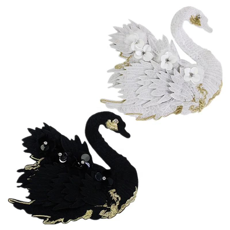 

High quality 3d flower black white swan embroidered patch for clothing, As pictured
