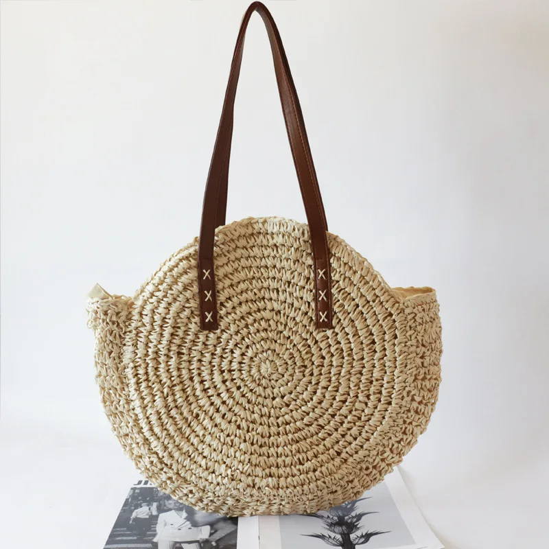 

Bohemian Round Straw Woven Bag One Shoulder Vacation Beach Bag Woven Handbag, As shown