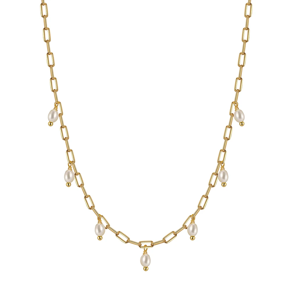 GPN51 Custom 925 Sterling Silver 14K Gold Plated Paperclip Chain Satellite Cultured Freshwater Pearl Choker Necklaces for Women