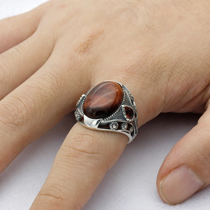 Red Cat Eye Stone Ring For Men 925 Sterling Silver With Red Cz,Thai ...