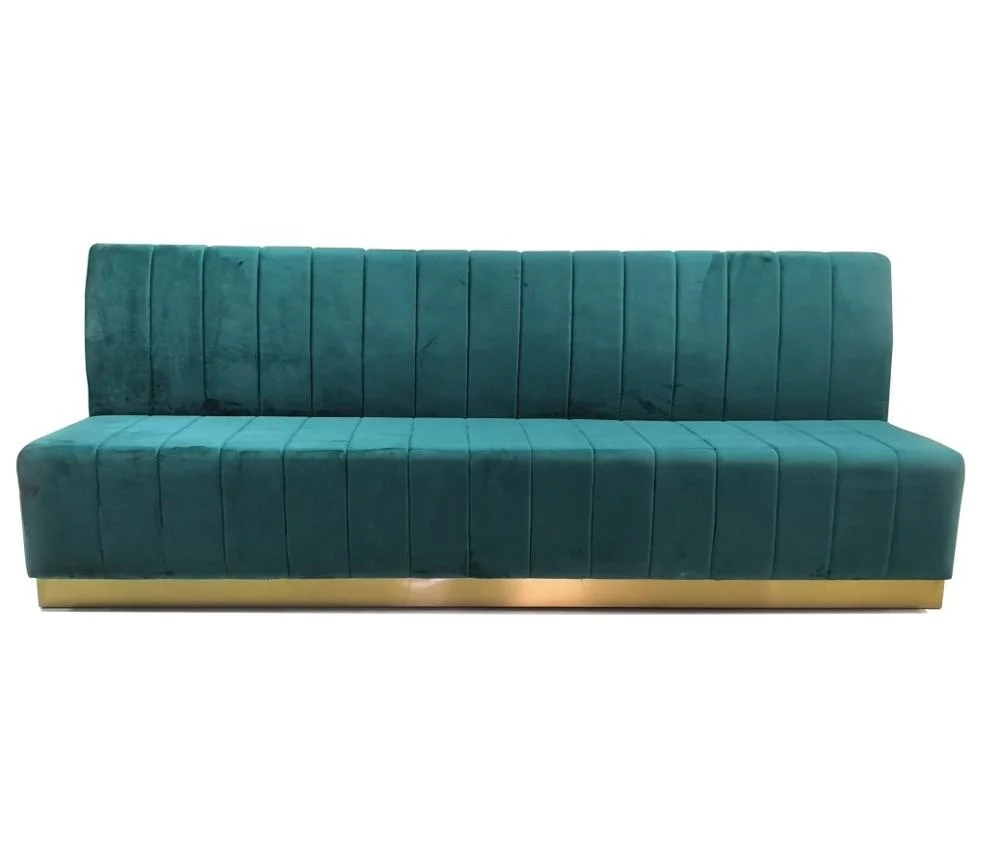 
Green velvet restaurant sofa booth seating custom make Long wall bench gold base restaurant furniture 