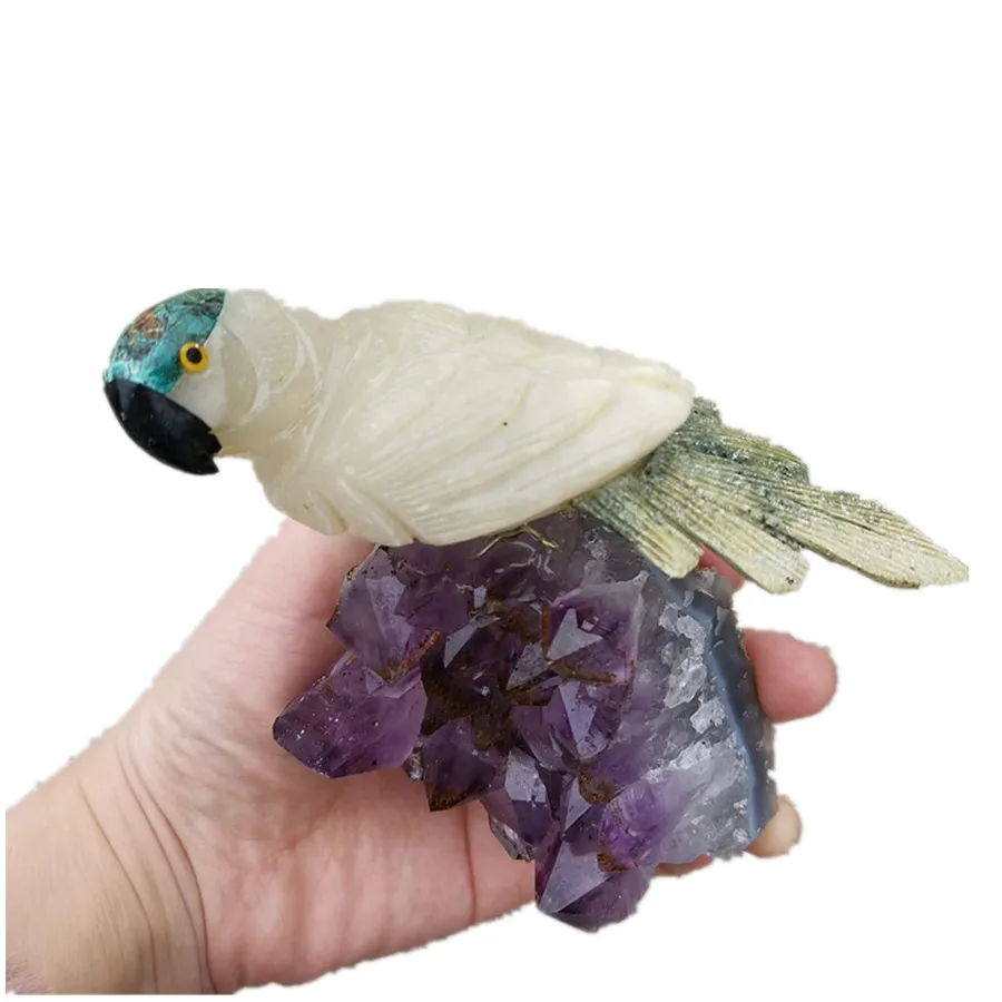 

Amethyst Geode Real Gemstone Handmade Birds Carvings Natural Crystal Stone Sculpture