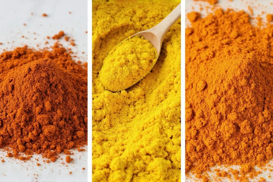 Curry powder and mixed spices on wooden table