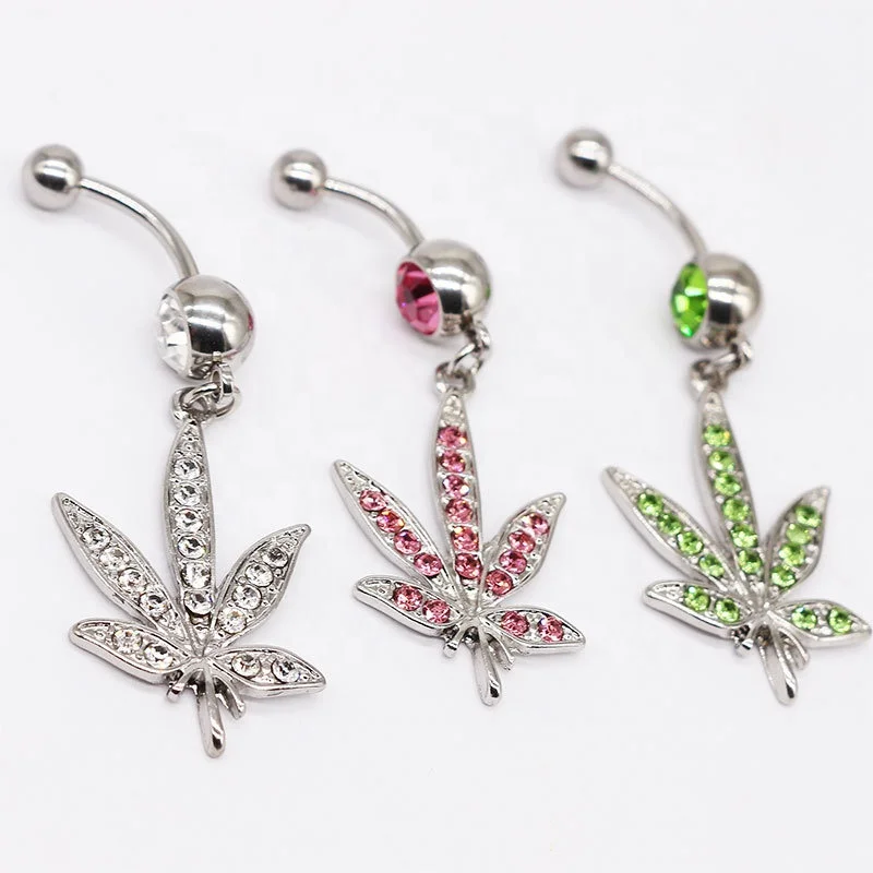 

Silver luxury belly rings Body Piercing Weed leaf Belly Rings stainless steel body jewellery women