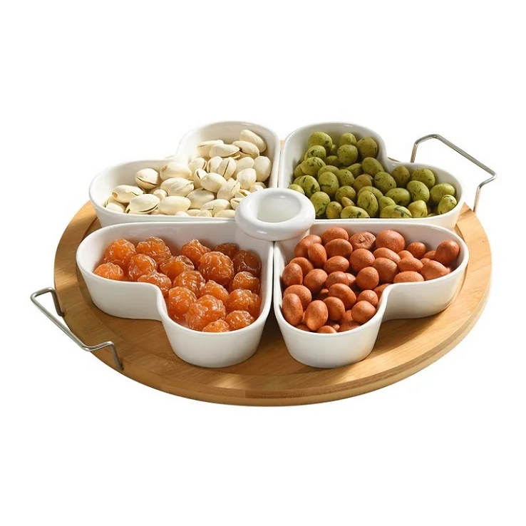 

Personalized creative divided grid ceramic snack candy tray with lid dried fruit tray, White