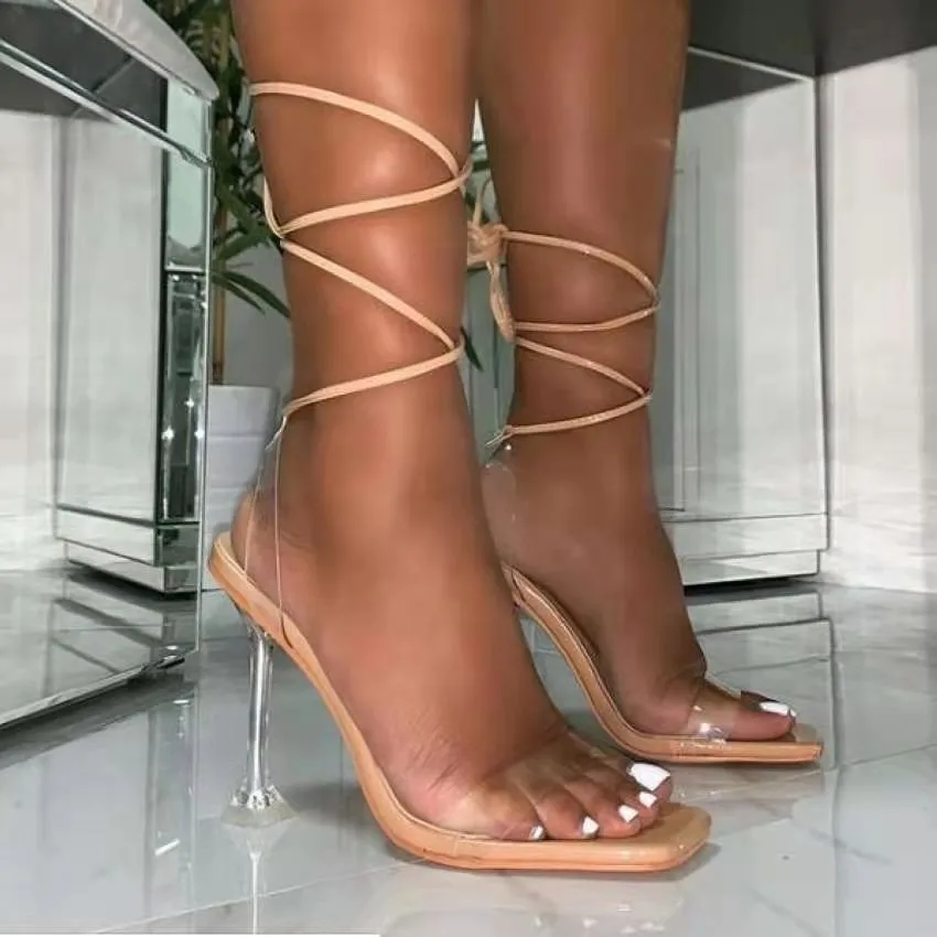 

PDEP 2021 new design shoes for women transparent clear heels sandals square toe lace up stiletto high heels, As picture