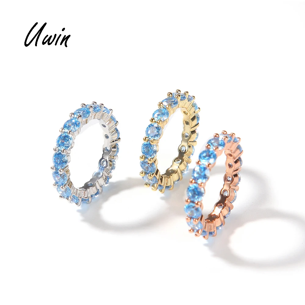 

UWIN Trendy Luxury Iced Out Baby Blue Zirconia Stone Tennis Ring Women Finger Ring Hip Hop Rapper Jewelry