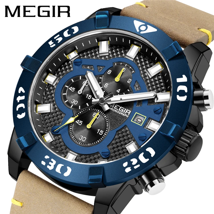 

2021 New MEGIR 2136 Blue Mens Watches Top Brand Luxury Chronograph Clock Male Quartz Wristwatches Reloj Hombre, 3 colors