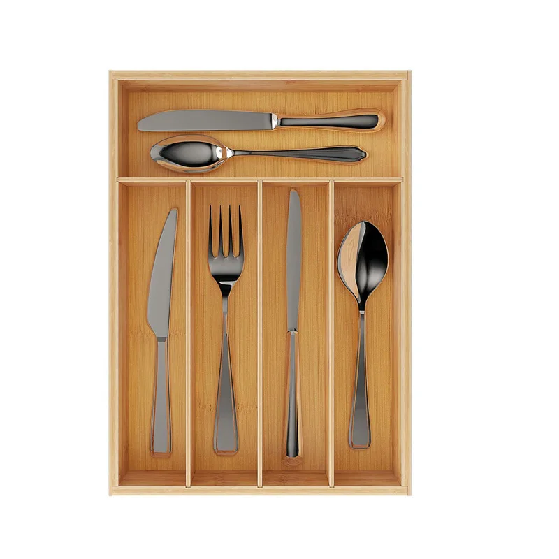 

Private Label Bamboo Wooden Rustic Cutlery Tray Desk Utensil Kitchen Knives Drawer Divider Organizer