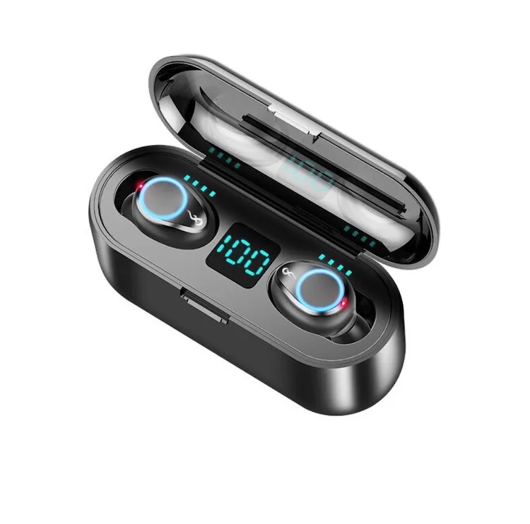 

Hot selling noise cancelling sport BT5.0 wireless earbuds with power bank battery display F9, Black