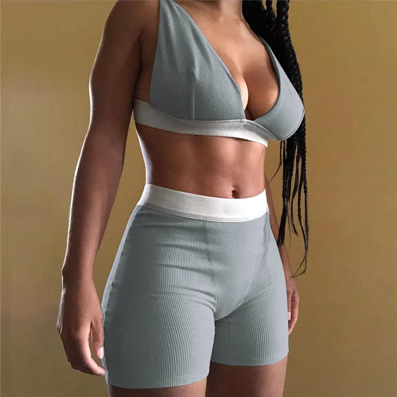 

Knitting Biker Short Set Women Summer 2 Two Piece Outfit Lady 2021 Trending New Arrival Casual Gym Outfits Wholesale Clothing