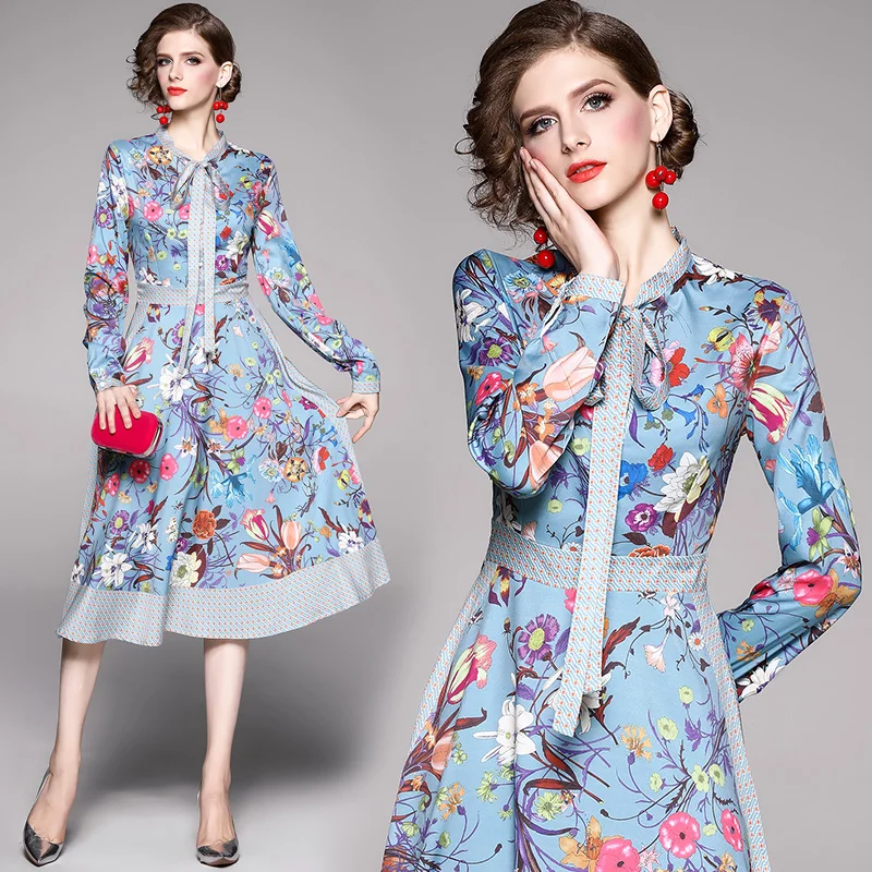 

Western style fashion a line bowknot lace-up blue floral print long sleeve spring apparel in stock fashion vintage dresses woman, Light blue