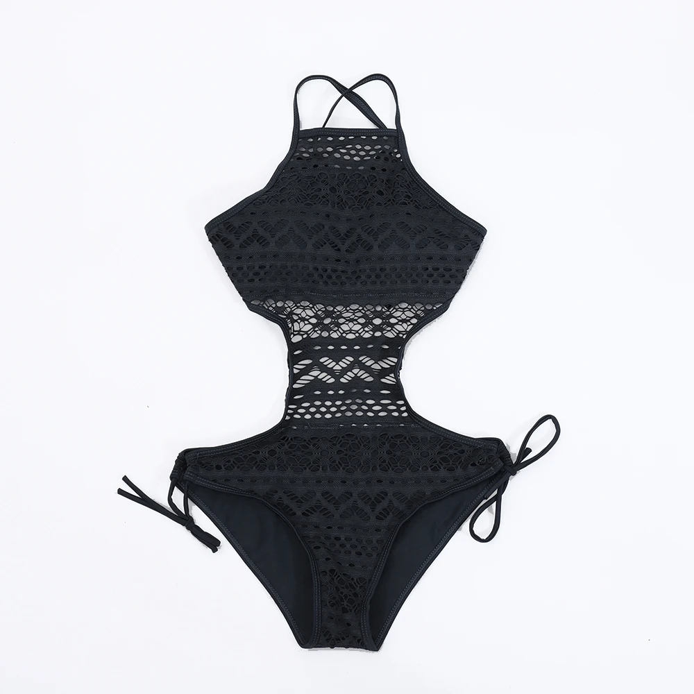 

Wholesale Sexy Monokini Black Lace Hollow Cutout One Piece Halter Bathing Suits for Women