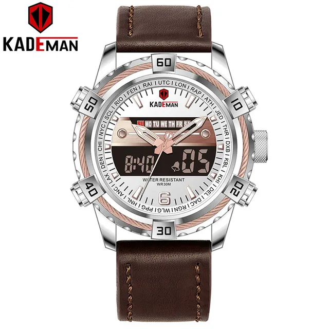 

KADEMAN K6173L Brand Fashion Men's Sports Watches Analog Digital Genuine Leather Army Military Quartz Watch Relogio Masculino