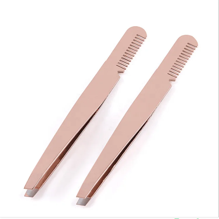 

New arrival makeup tools private label customize professional eyebrow tweezer with comb, Rose gold