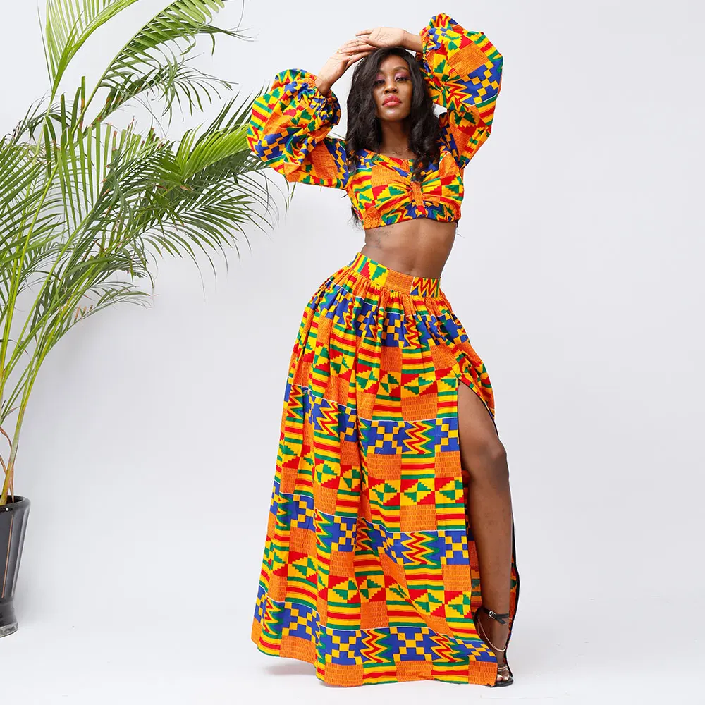 

African ankara fabric women two piece set spaghetti strap top and long flare skirt, Kente