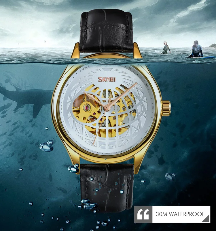SKMEI 9209 jam tangan rose gold luxury leather mechanical automatic hand wrist watch for men